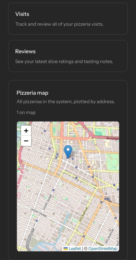 Piefold app showing visits, reviews, and a pizzeria map with NYC locations